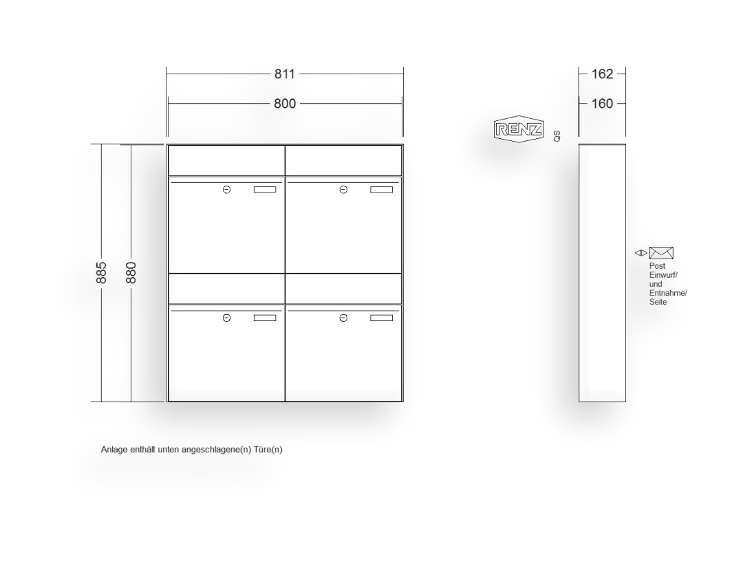 RENZ Briefkastenanlage Aufputz · 4-teilig RENZ PLAN 400 × 440 × 160 mm AP lackiert RENZ Briefkastenanlage Aufputz · 4-teilig RENZ PLAN 400 × 440 × 160 mm AP lackiert