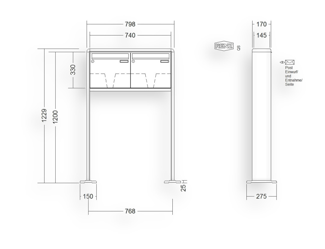 RENZ Briefkastenanlage freistehend · 2-teilig 370 × 330 × 145 mm RS 2000 lackiert mit Fußplatten RENZ Briefkastenanlage freistehend · 2-teilig 370 × 330 × 145 mm RS 2000 lackiert mit Fußplatten