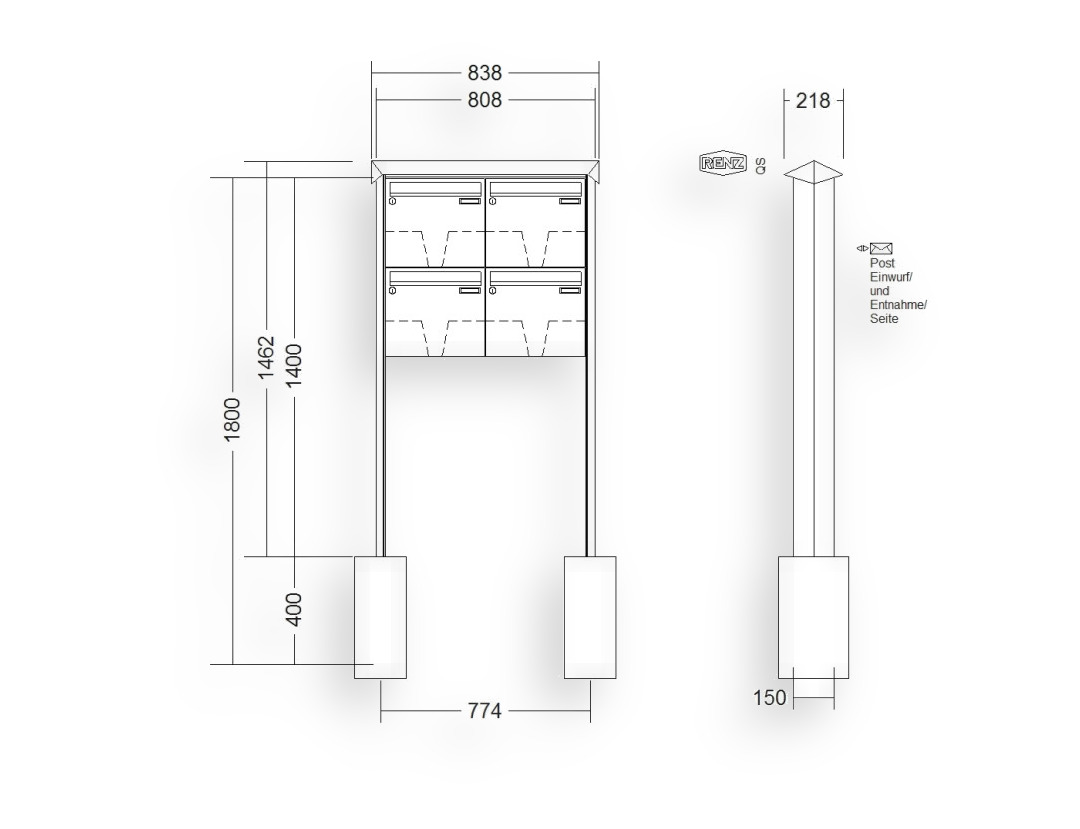 RENZ Briefkastenanlage freistehend · 4-teilig 370 × 330 × 100 mm Prisma lackiert RENZ Briefkastenanlage freistehend · 4-teilig 370 × 330 × 100 mm Prisma lackiert
