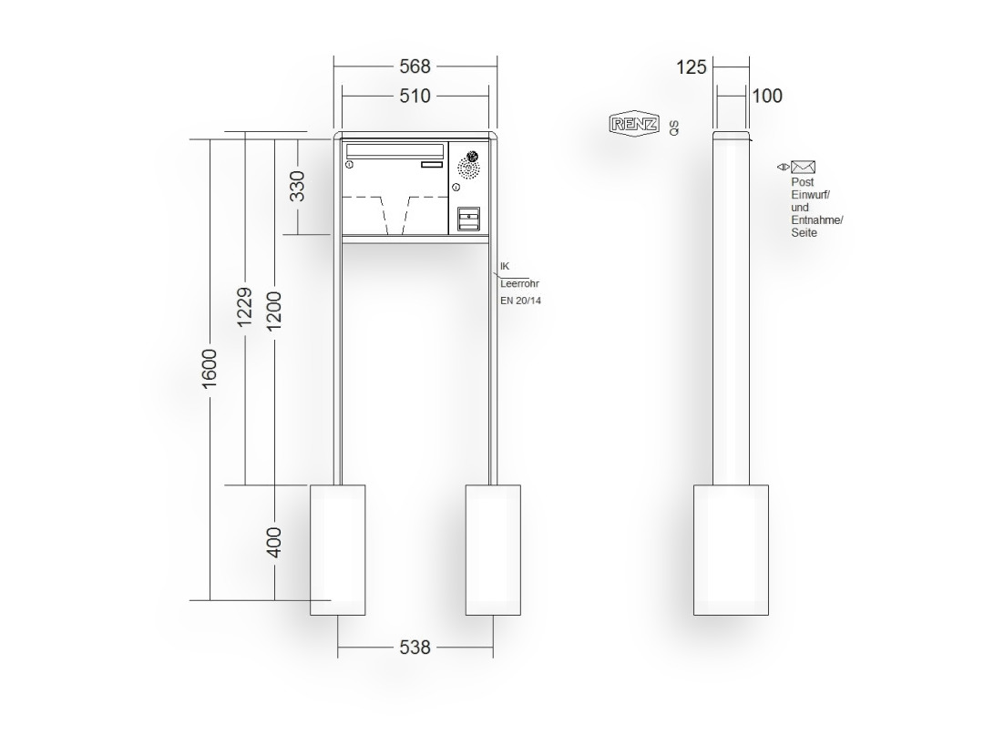 RENZ Briefkastenanlage freistehend · 1-teilig Installationskasten rechts 370 × 330 × 100 mm RS 2000 lackiert RENZ Briefkastenanlage freistehend · 1-teilig Installationskasten rechts 370 × 330 × 100 mm RS 2000 lackiert