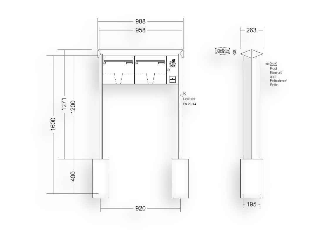 RENZ Briefkastenanlage freistehend · 2-teilig Installationskasten rechts 370 × 330 × 145 mm Prisma lackiert