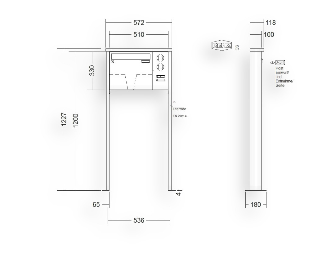 RENZ Briefkastenanlage freistehend · 1-teilig Installationskasten rechts 370 × 330 × 100 mm Edelstahl Tetro mit Fuß