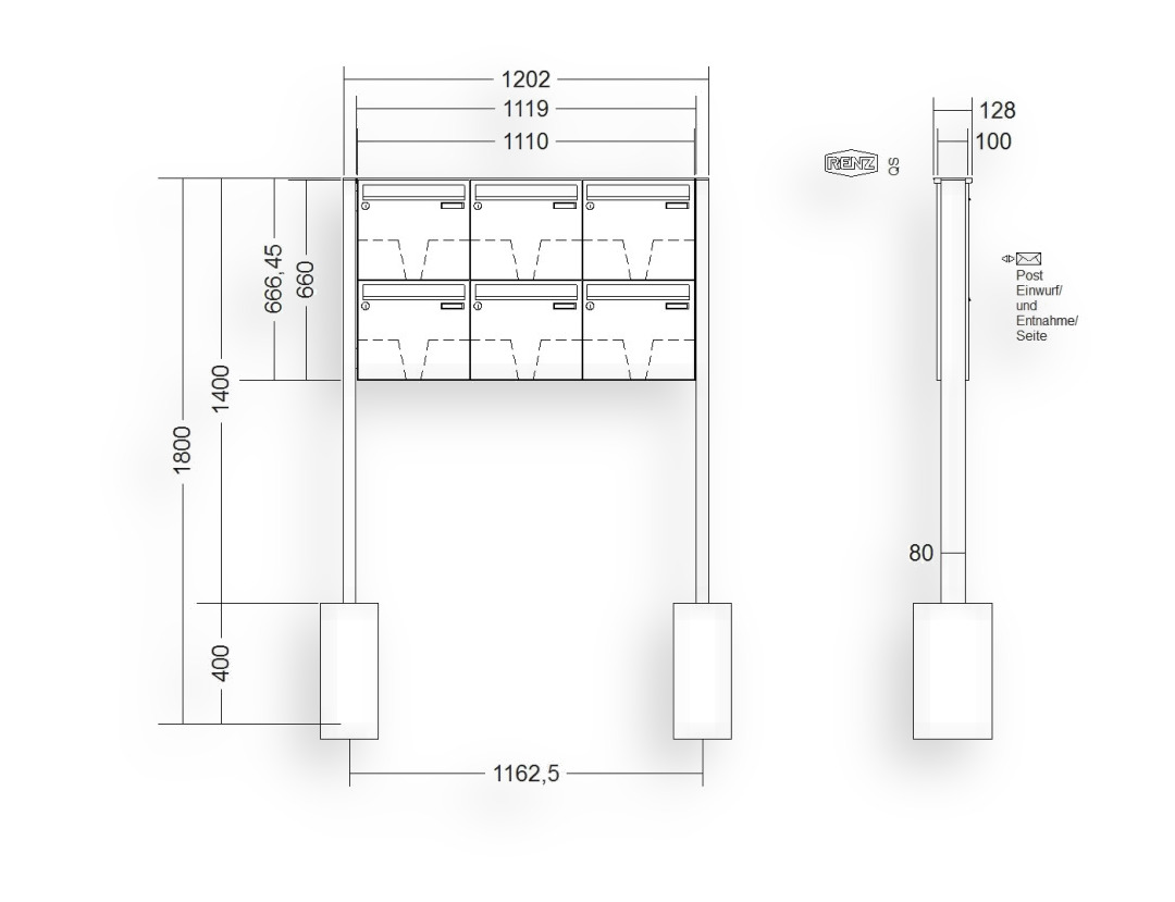 RENZ Briefkastenanlage freistehend · BASIC (B) · 6-teilig 370 × 330 × 100 mm FS. Typ B Edel RENZ Briefkastenanlage freistehend · BASIC (B) · 6-teilig 370 × 330 × 100 mm FS. Typ B Edel