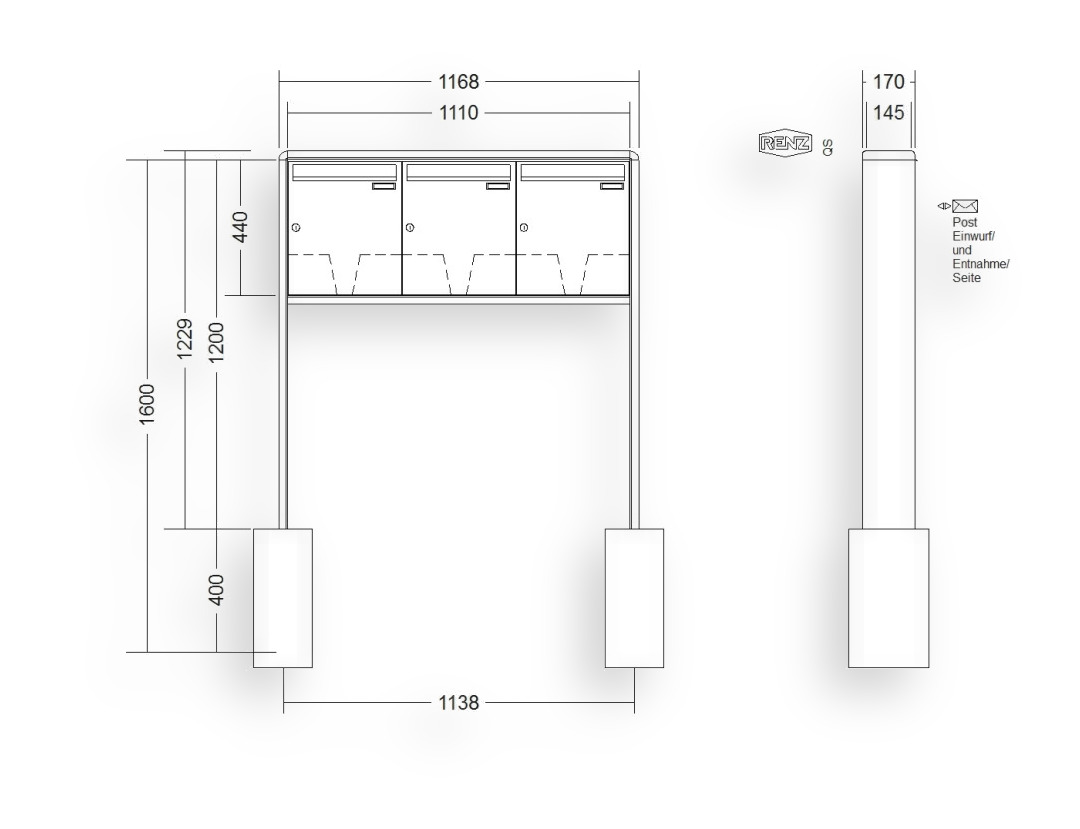 RENZ Briefkastenanlage freistehend · 3-teilig 370 × 440 × 145 mm RS 2000 lackiert RENZ Briefkastenanlage freistehend · 3-teilig 370 × 440 × 145 mm RS 2000 lackiert