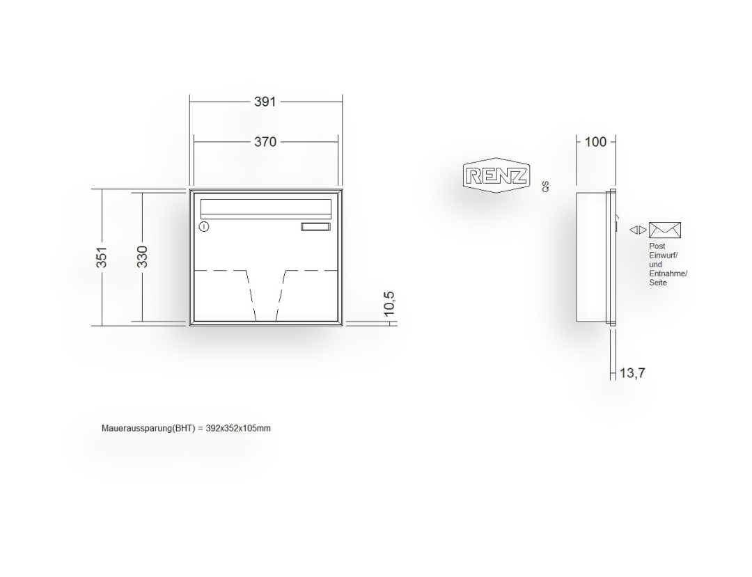 RENZ Briefkastenanlage Unterputz · 1-teilig 370 × 330 × 100 mm Anp. Schattenfugenrahmen la RENZ Briefkastenanlage Unterputz · 1-teilig 370 × 330 × 100 mm Anp. Schattenfugenrahmen la