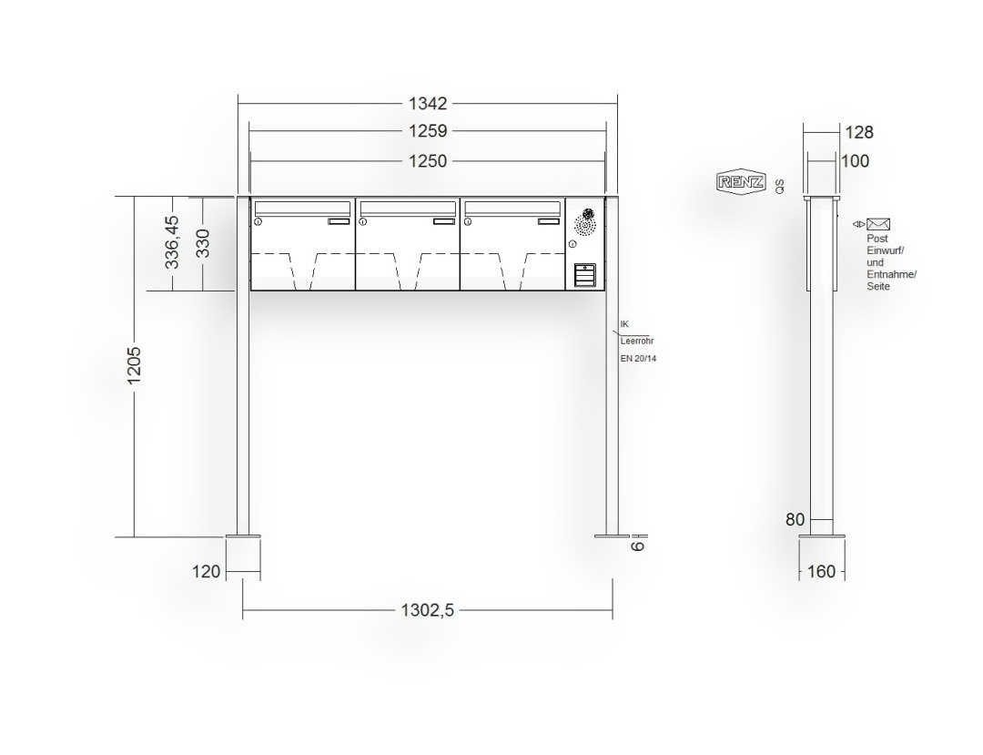 RENZ Briefkastenanlage freistehend · BASIC (B) · 3-teilig 370 × 330 × 100 mm FS. Typ B Installationskasten rechts Edel. mit Fu RENZ Briefkastenanlage freistehend · BASIC (B) · 3-teilig 370 × 330 × 100 mm FS. Typ B Installationskasten rechts