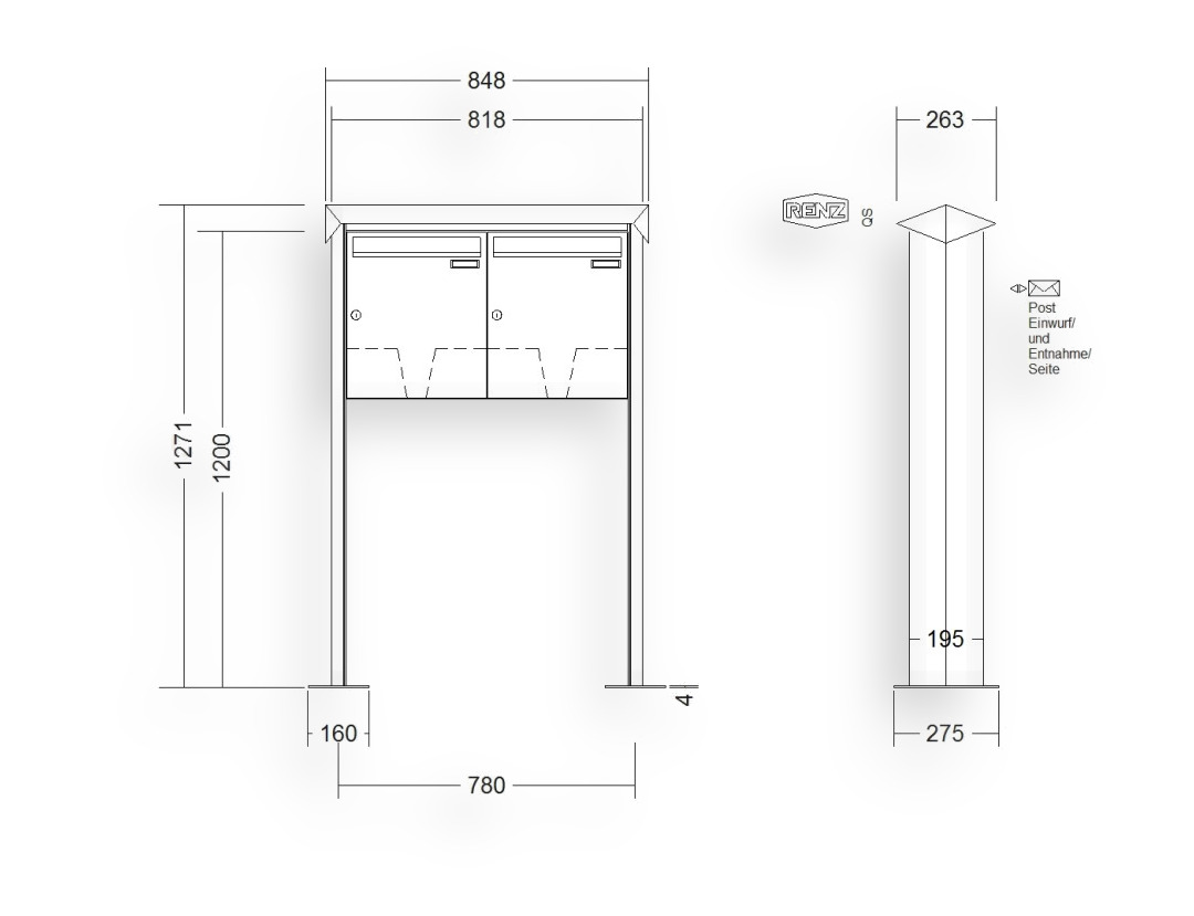 RENZ Briefkastenanlage freistehend · 2-teilig 370 × 440 × 145 mm Prisma lackiert mit Fußplatten RENZ Briefkastenanlage freistehend · 2-teilig 370 × 440 × 145 mm Prisma lackiert mit Fußplatten