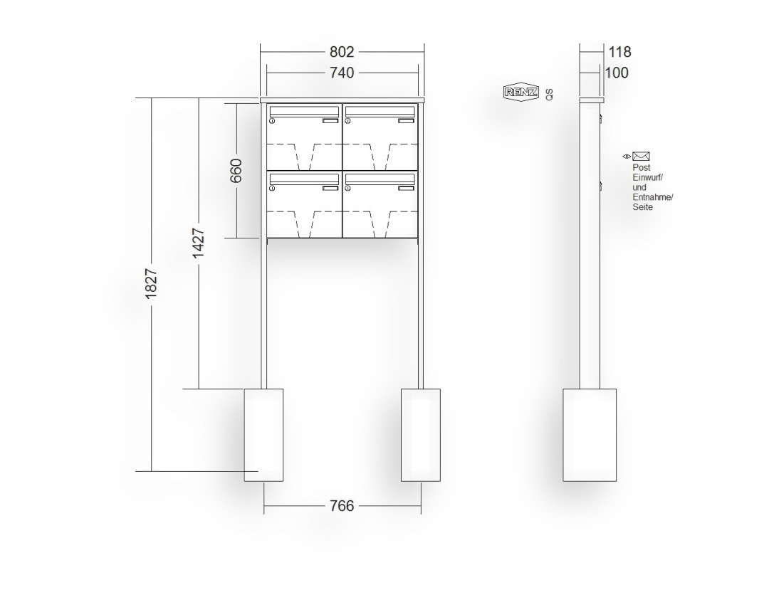 RENZ Briefkastenanlage freistehend · 4-teilig 370 × 330 × 100 mm Edelstahl Tetro RENZ Briefkastenanlage freistehend · 4-teilig 370 × 330 × 100 mm Edelstahl Tetro