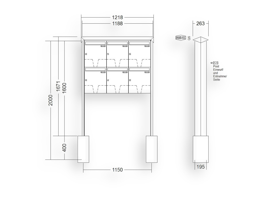 RENZ Briefkastenanlage freistehend · 6-teilig 370 × 440 × 145 mm Edelstahl Prisma RENZ Briefkastenanlage freistehend · 6-teilig 370 × 440 × 145 mm Edelstahl Prisma
