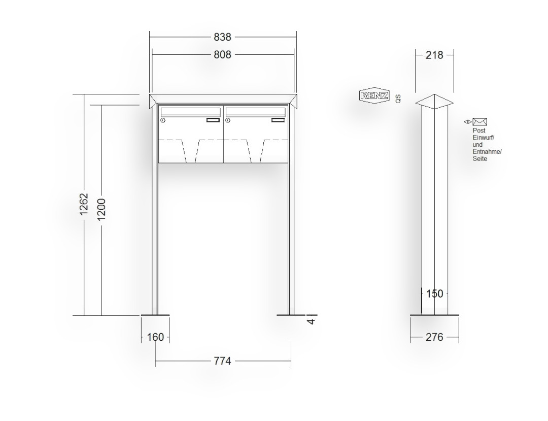 RENZ Briefkastenanlage freistehend · 2-teilig 370 × 330 × 100 mm Prisma lackiert mit Fuß RENZ Briefkastenanlage freistehend · 2-teilig 370 × 330 × 100 mm Prisma lackiert mit Fuß
