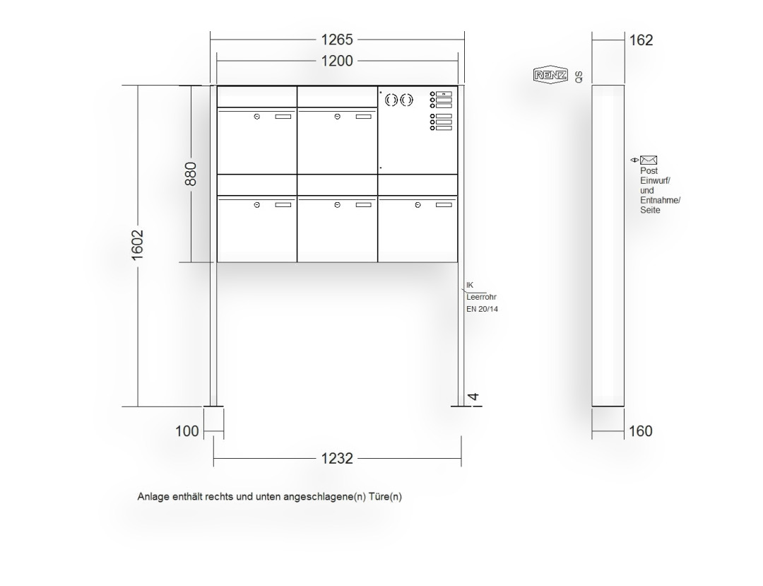 RENZ Briefkastenanlage freistehend · 5-teilig RENZ PLAN 400 × 440 × 160 mm FS Installationskasten rechts Edel. mit RENZ Briefkastenanlage freistehend · 5-teilig RENZ PLAN 400 × 440 × 160 mm FS Installationskasten rechts Edel. mit