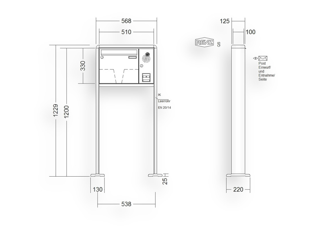 RENZ Briefkastenanlage freistehend · 1-teilig Installationskasten rechts 370 × 330 × 100 mm RS 2000 lackiert mit Fuß RENZ Briefkastenanlage freistehend · 1-teilig Installationskasten rechts 370 × 330 × 100 mm RS 2000 lackiert mit F