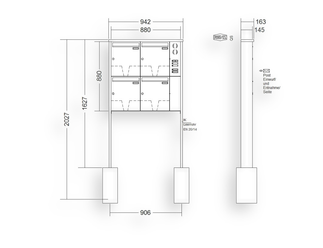 RENZ Briefkastenanlage freistehend · 4-teilig Installationskasten rechts 370 × 440 × 145 mm Edelstahl Tetro RENZ Briefkastenanlage freistehend · 4-teilig Installationskasten rechts 370 × 440 × 145 mm Edelstahl Tetro
