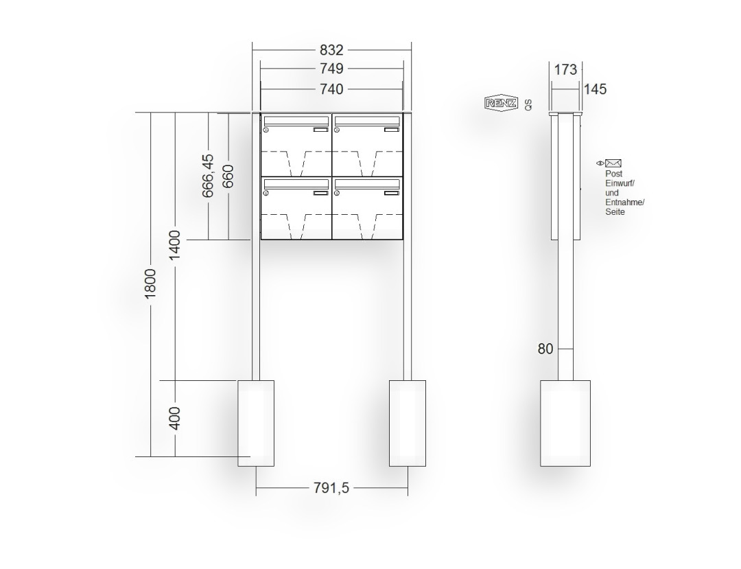 RENZ Briefkastenanlage freistehend · BASIC (B) · 4-teilig 370 × 330 × 145 mm FS. Typ B Edel RENZ Briefkastenanlage freistehend · BASIC (B) · 4-teilig 370 × 330 × 145 mm FS. Typ B Edel