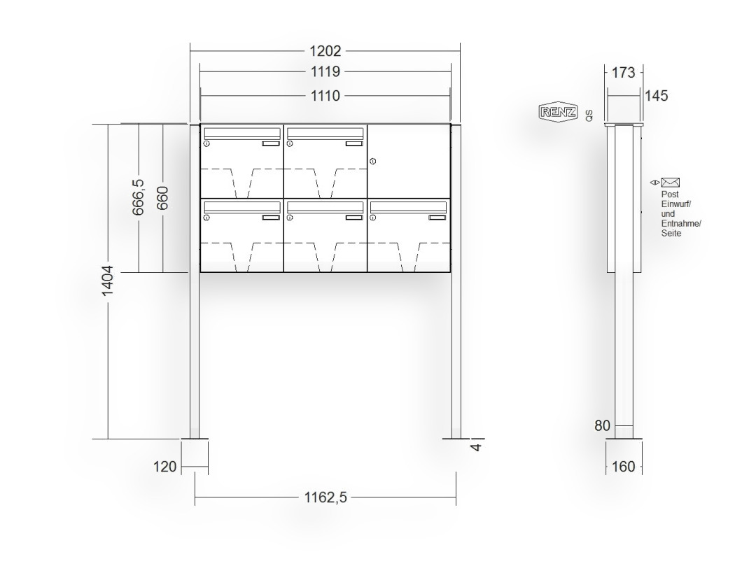 RENZ Briefkastenanlage freistehend · BASIC (B) · 5-teilig 370 × 330 × 145 mm FS. Typ B lackiert mit Fußplatte RENZ Briefkastenanlage freistehend · BASIC (B) · 5-teilig 370 × 330 × 145 mm FS. Typ B lackiert mit Fußplatte