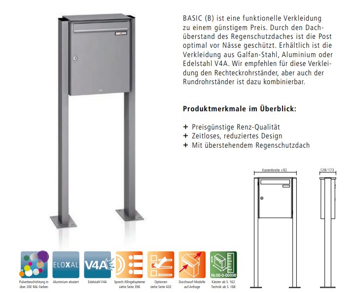 RENZ BASIC B freistehende Briefkastenanlage – Produktansicht mit technischer Zeichnung und Maßangaben