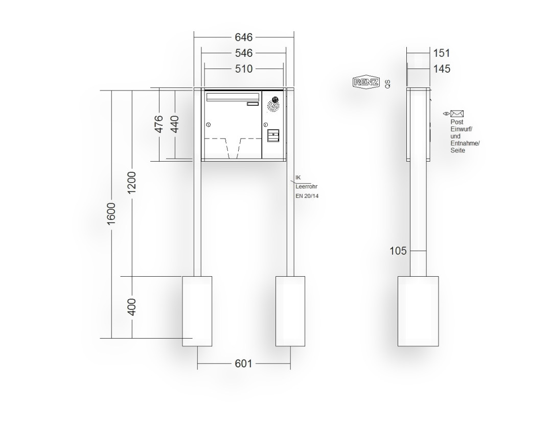 RENZ Briefkastenanlage freistehend · 1-teilig Installationskasten rechts 370 × 440 × 145 mm QUADRA lackiert