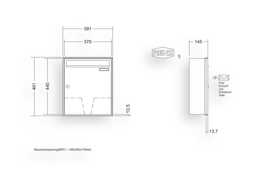 RENZ Briefkastenanlage Unterputz · Schattenfugenrahmen · 1-teilig 370 × 440 × 145 mm RS50 Anp. Schattenfugenrahm RENZ Briefkastenanlage Unterputz · Schattenfugenrahmen · 1-teilig 370 × 440 × 145 mm RS50 Anp. Schattenfugenrahm
