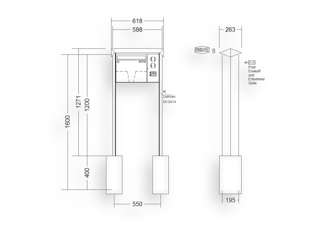RENZ Briefkastenanlage freistehend · 1-teilig Installationskasten rechts 370 × 330 × 145 mm Edelstahl Prisma RENZ Briefkastenanlage freistehend · 1-teilig Installationskasten rechts 370 × 330 × 145 mm Edelstahl Prisma