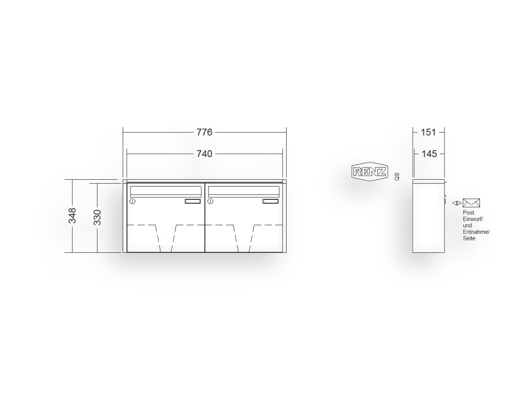 RENZ Briefkastenanlage Aufputz · 2-teilig 370 × 330 × 145 mm QUADRA lackiert RENZ Briefkastenanlage Aufputz · 2-teilig 370 × 330 × 145 mm QUADRA lackiert