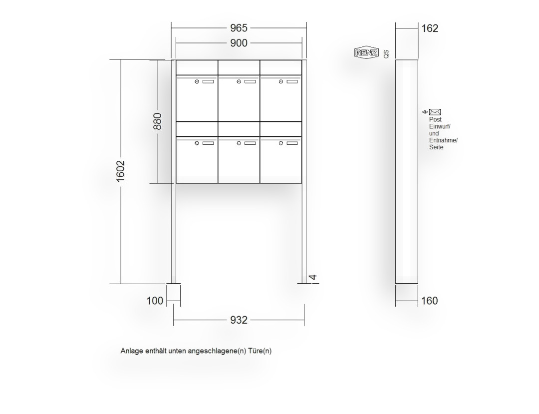 RENZ Briefkastenanlage freistehend · 6-teilig RENZ PLAN 300 × 440 × 160 mm FS Edel. mit Fußplatt RENZ Briefkastenanlage freistehend · 6-teilig RENZ PLAN 300 × 440 × 160 mm FS Edel. mit Fußplatt