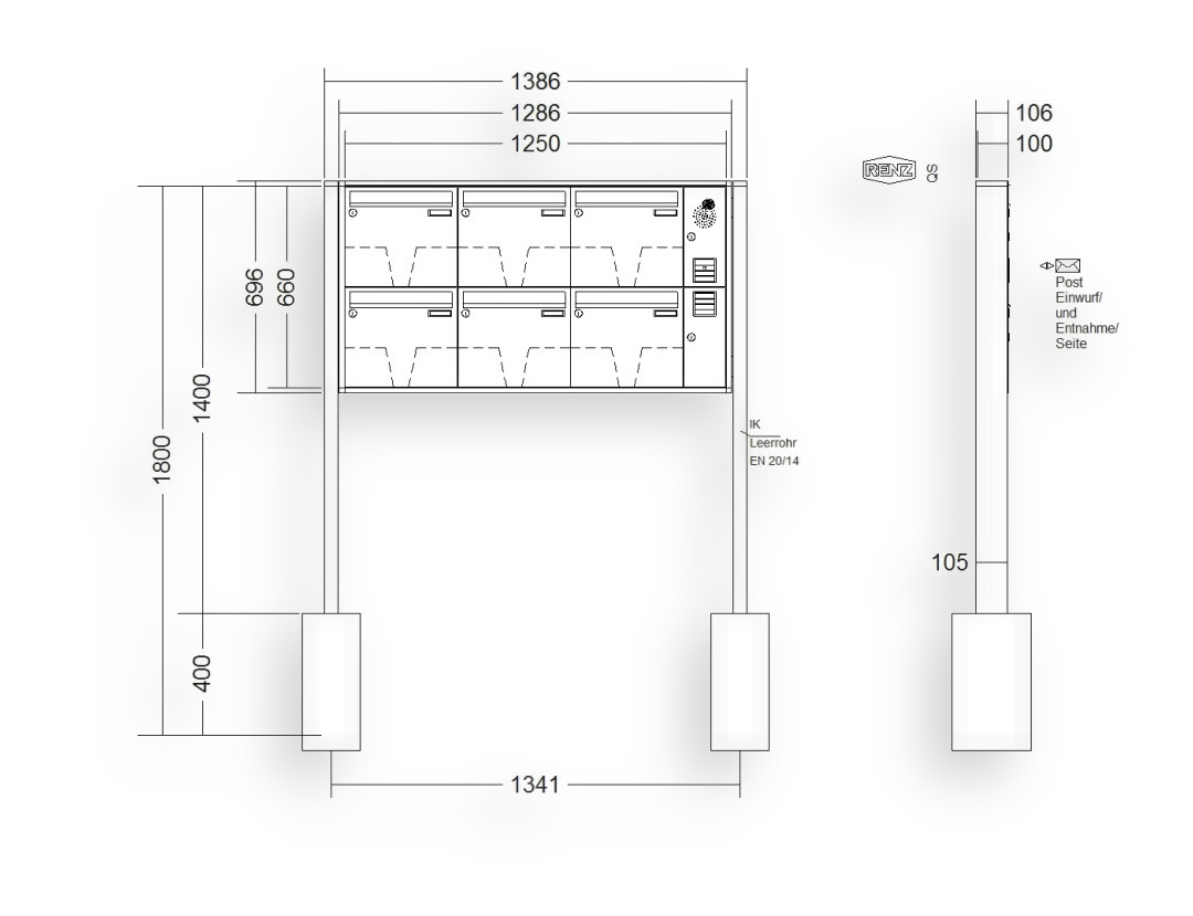 RENZ Briefkastenanlage freistehend · 6-teilig Installationskasten rechts 370 × 330 × 100 mm QUADRA lackiert RENZ Briefkastenanlage freistehend · 6-teilig Installationskasten rechts 370 × 330 × 100 mm QUADRA lackiert