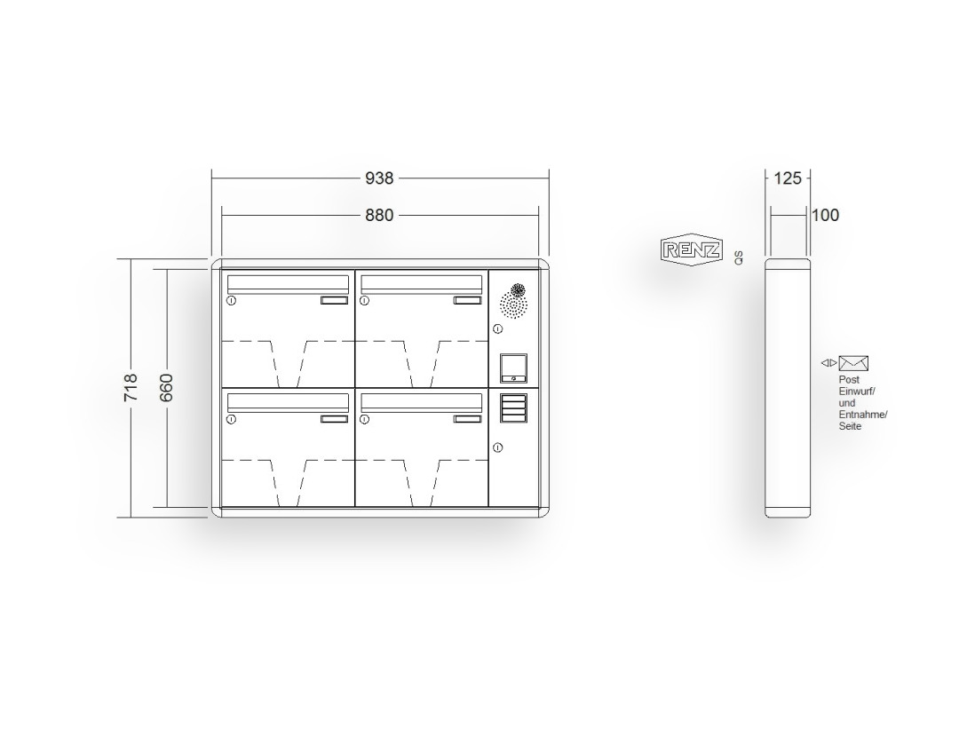 RENZ Briefkastenanlage Aufputz · 4-teilig Installationskasten rechts 370 × 330 × 100 mm RS 2000 lackiert RENZ Briefkastenanlage Aufputz · 4-teilig Installationskasten rechts 370 × 330 × 100 mm RS 2000 lackiert