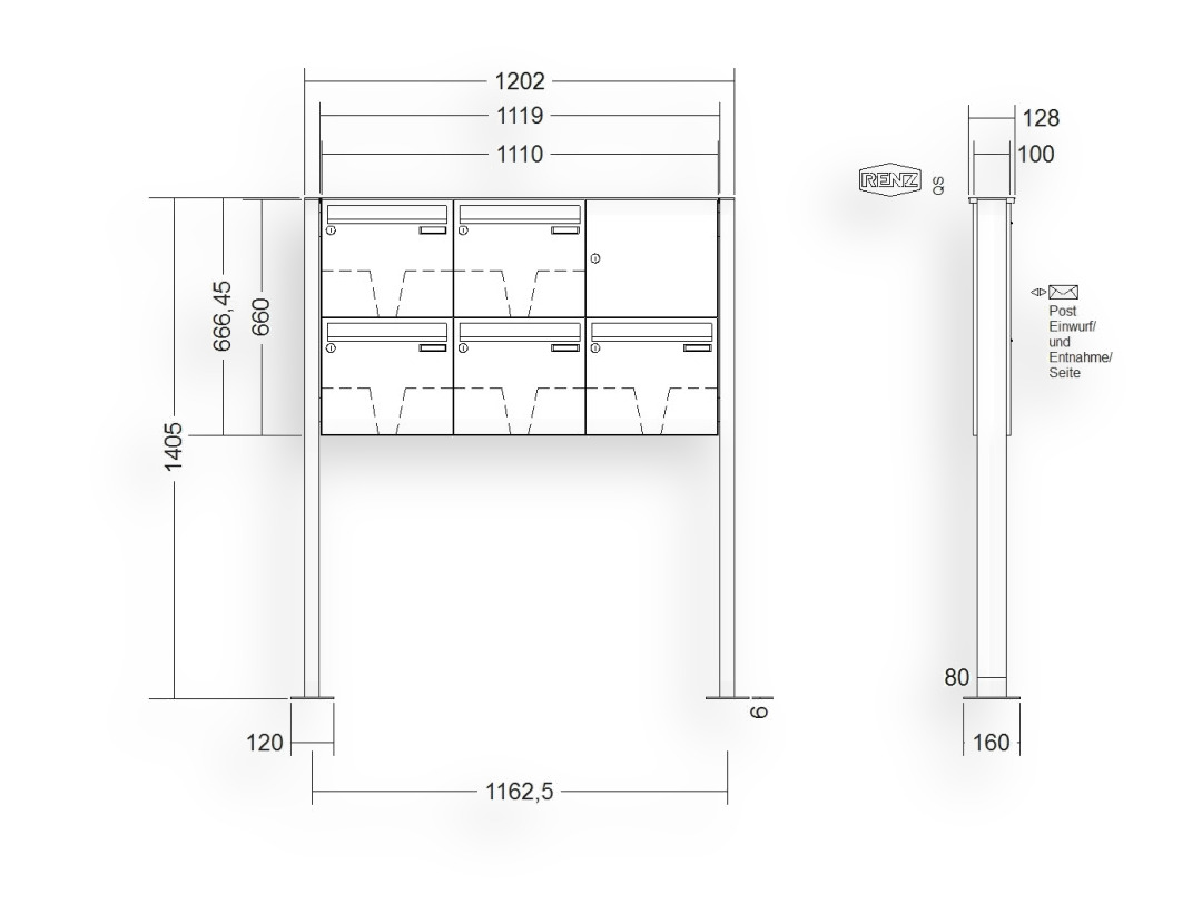 RENZ Briefkastenanlage freistehend · BASIC (B) · 5-teilig 370 × 330 × 100 mm FS. Typ B Edel. mit Fußplatte RENZ Briefkastenanlage freistehend · BASIC (B) · 5-teilig 370 × 330 × 100 mm FS. Typ B Edel. mit Fußplatte