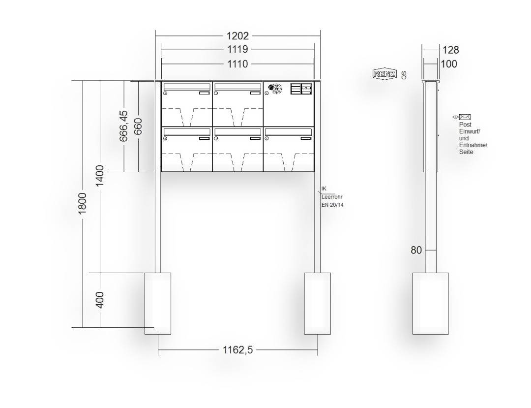RENZ Briefkastenanlage freistehend · BASIC (B) · 5-teilig 370 × 330 × 100 mm FS. Typ B Installationskasten rechts Edel RENZ Briefkastenanlage freistehend · BASIC (B) · 5-teilig 370 × 330 × 100 mm FS. Typ B Installationskasten rechts