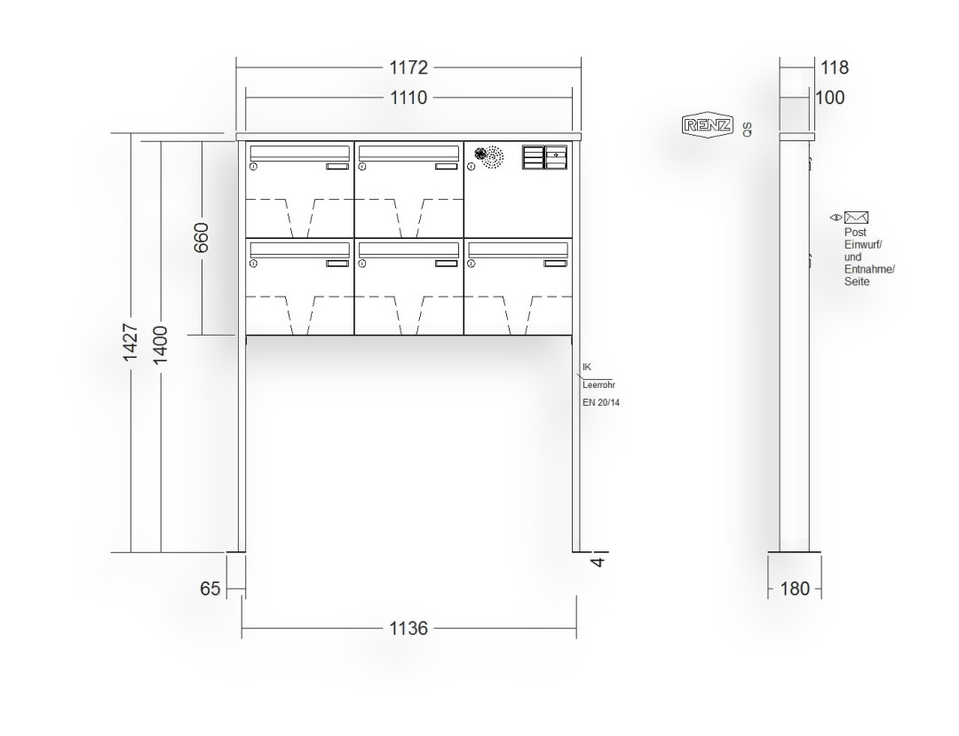 RENZ Briefkastenanlage freistehend · 5-teilig Installationskasten rechts 370 × 330 × 100 mm Tetro lackiert mit Fuß RENZ Briefkastenanlage freistehend · 5-teilig Installationskasten rechts 370 × 330 × 100 mm Tetro lackiert mit Fuß