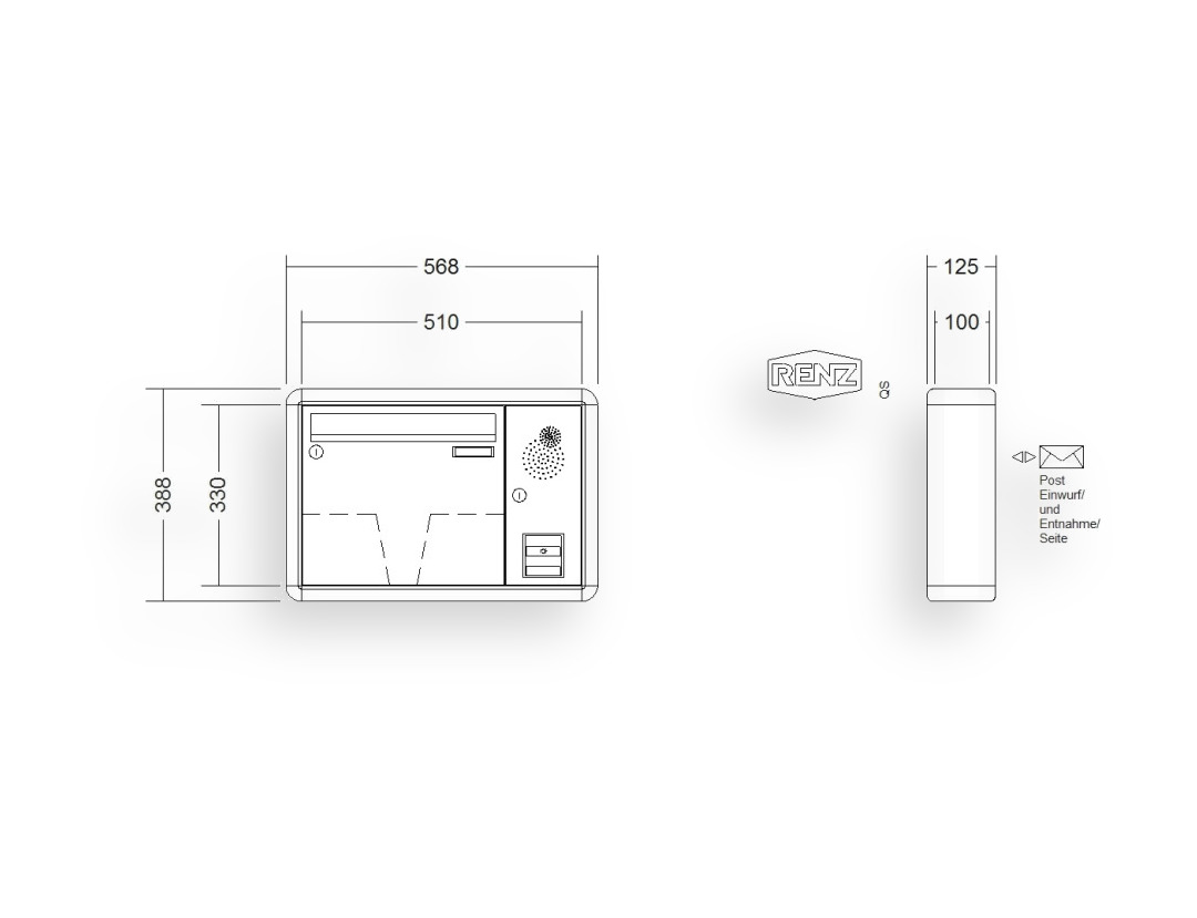 RENZ Briefkastenanlage Aufputz · 1-teilig Installationskasten rechts 370 × 330 × 100 mm RS 2000 lackiert RENZ Briefkastenanlage Aufputz · 1-teilig Installationskasten rechts 370 × 330 × 100 mm RS 2000 lackiert