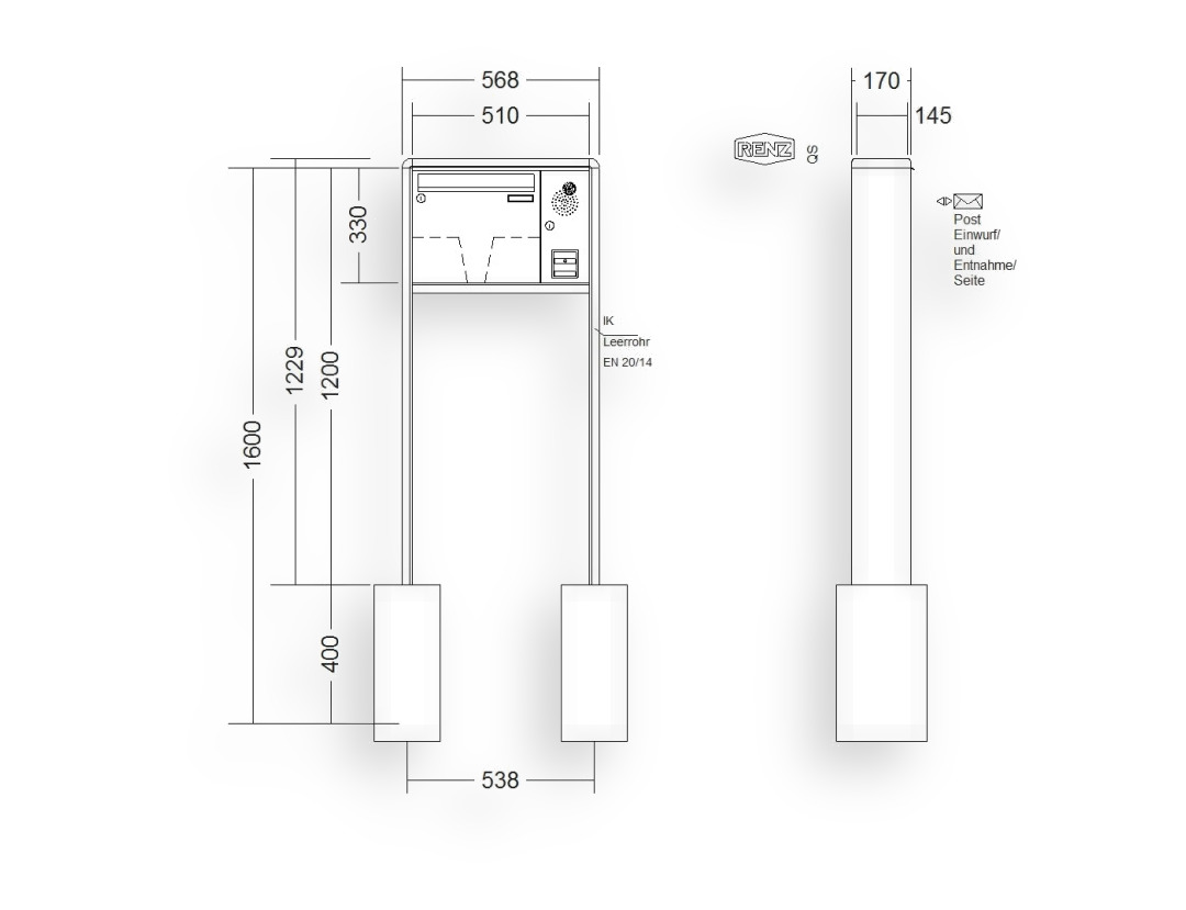 RENZ Briefkastenanlage freistehend · 1-teilig Installationskasten rechts 370 × 330 × 145 mm RS 2000 lackiert RENZ Briefkastenanlage freistehend · 1-teilig Installationskasten rechts 370 × 330 × 145 mm RS 2000 lackiert