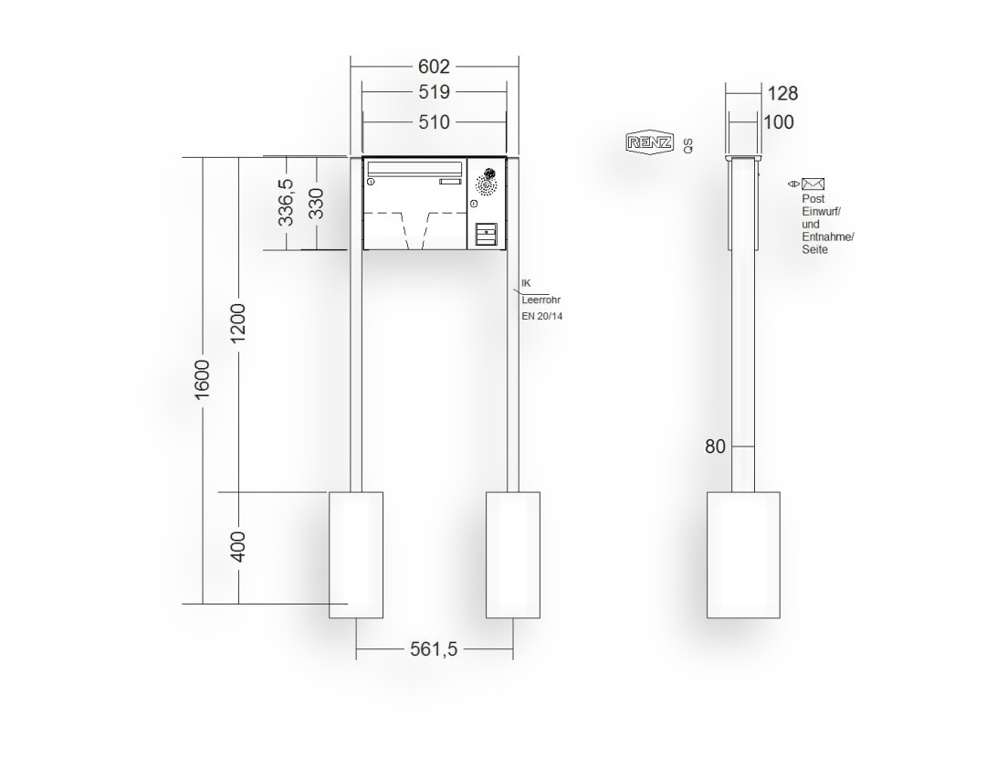 RENZ Briefkastenanlage freistehend · BASIC (B) · 1-teilig 370 × 330 × 100 mm FS. Typ B Installationskasten rechts lackiert RENZ Briefkastenanlage freistehend · BASIC (B) · 1-teilig 370 × 330 × 100 mm FS. Typ B Installationskasten rechts