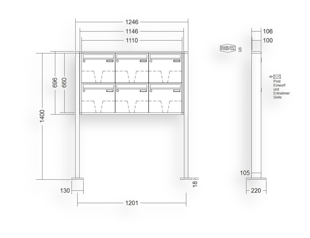 RENZ Briefkastenanlage freistehend · 6-teilig 370 × 330 × 100 mm QUADRA lackiert mit Fußplatten RENZ Briefkastenanlage freistehend · 6-teilig 370 × 330 × 100 mm QUADRA lackiert mit Fußplatten