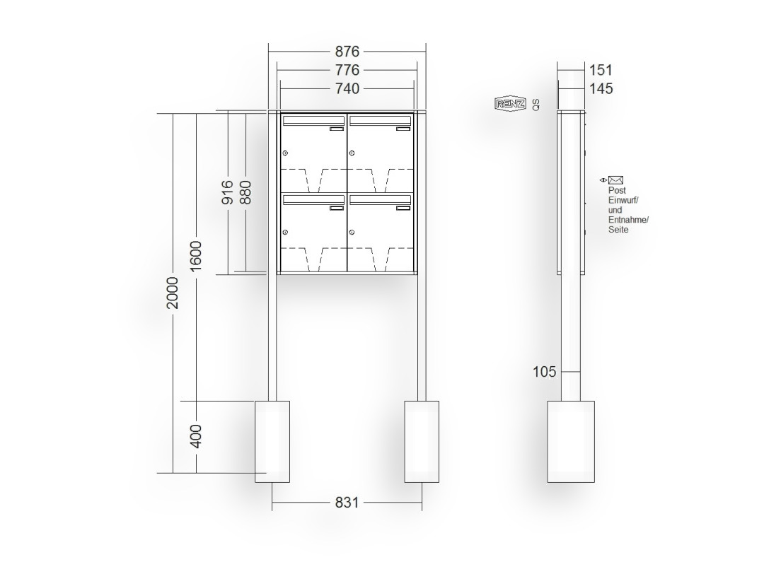RENZ Briefkastenanlage freistehend · 4-teilig 370 × 440 × 145 mm QUADRA lackiert RENZ Briefkastenanlage freistehend · 4-teilig 370 × 440 × 145 mm QUADRA lackiert