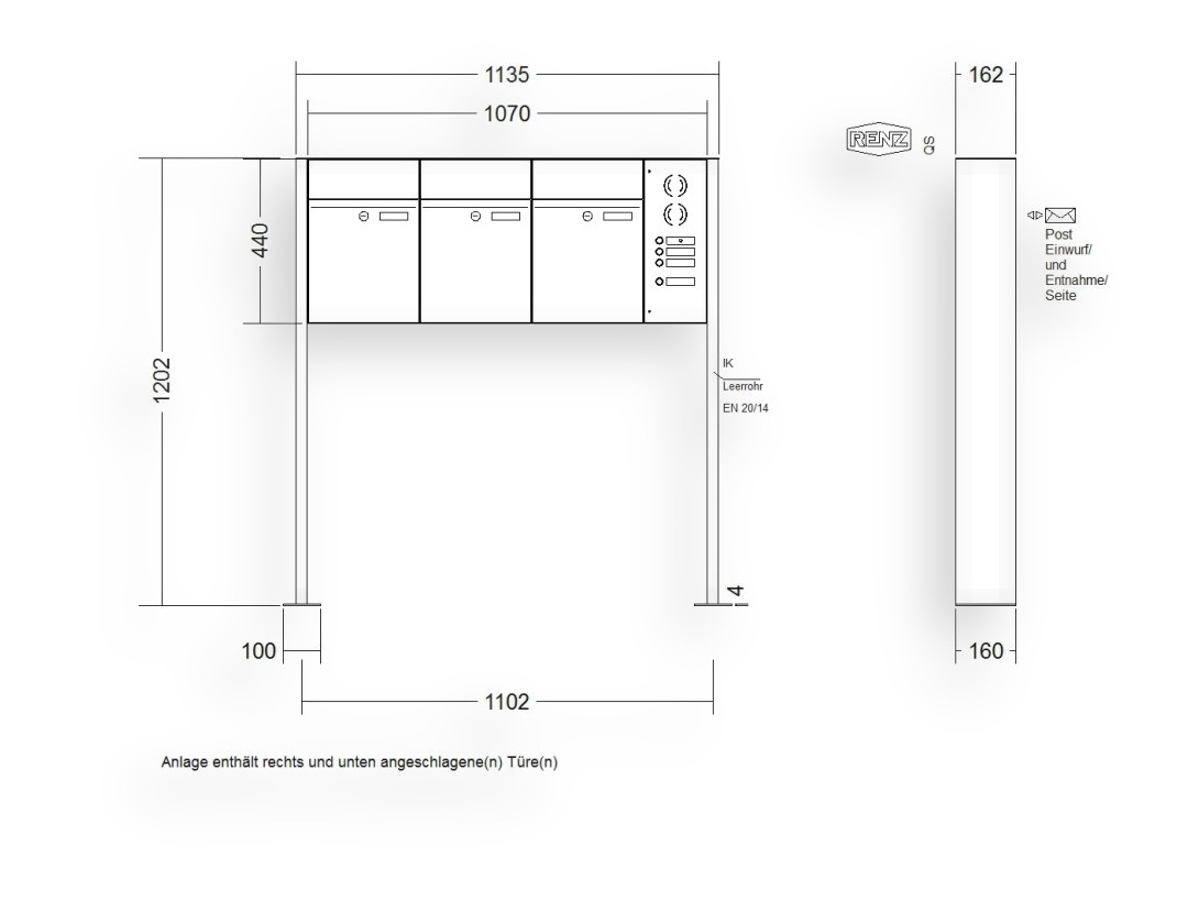 RENZ Briefkastenanlage freistehend · 3-teilig RENZ PLAN 300 × 440 × 160 mm FS Installationskasten rechts lackiert mit RENZ Briefkastenanlage freistehend · 3-teilig RENZ PLAN 300 × 440 × 160 mm FS Installationskasten rechts lackiert