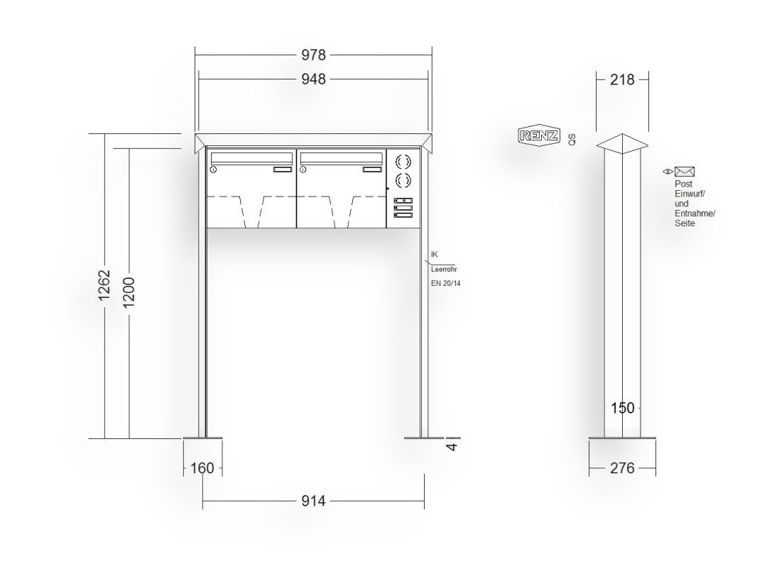 RENZ Briefkastenanlage freistehend · 2-teilig Installationskasten rechts 370 × 330 × 100 mm Edelstahl Prisma mit Fußpla RENZ Briefkastenanlage freistehend · 2-teilig Installationskasten rechts 370 × 330 × 100 mm Edelstahl Prisma mit F