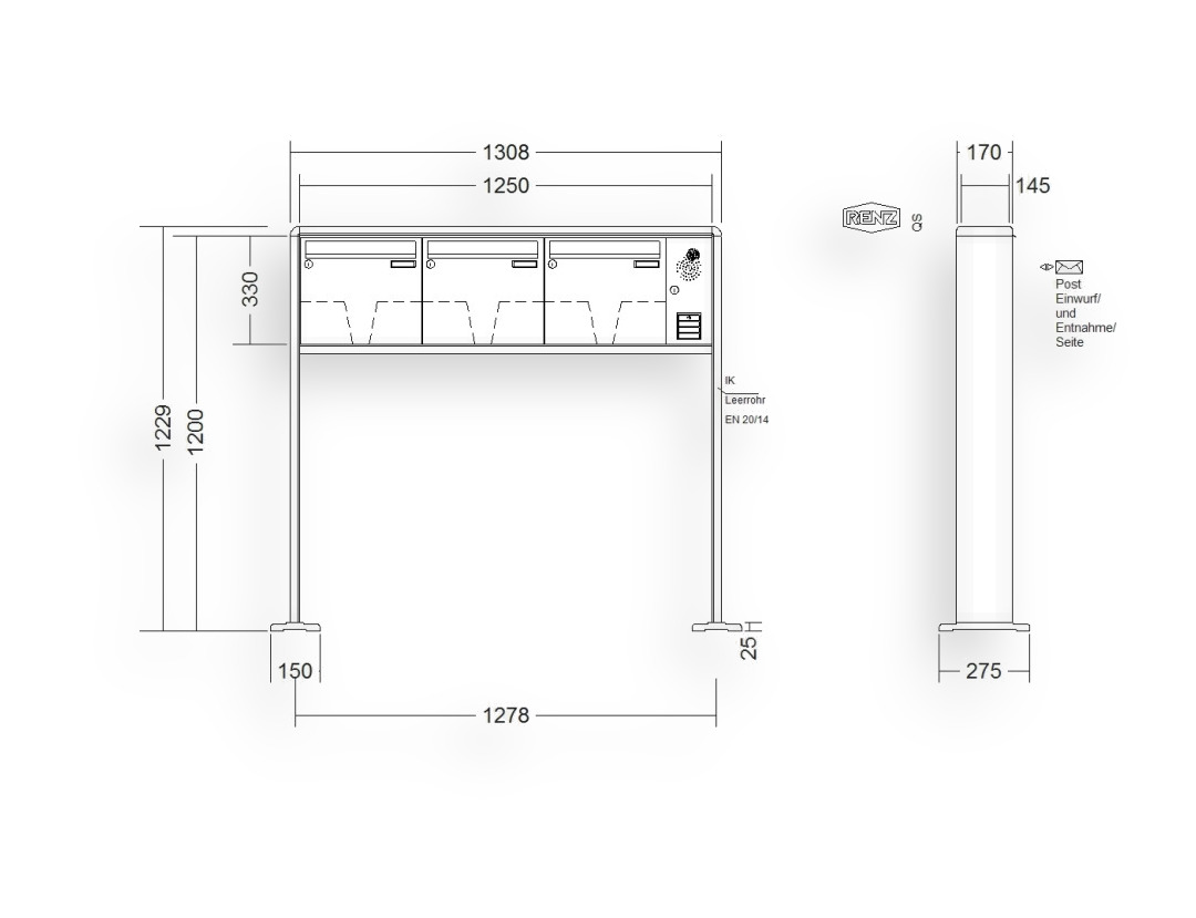 RENZ Briefkastenanlage freistehend · 3-teilig Installationskasten rechts 370 × 330 × 145 mm RS 2000 lackiert mit Fuß RENZ Briefkastenanlage freistehend · 3-teilig Installationskasten rechts 370 × 330 × 145 mm RS 2000 lackiert mit F