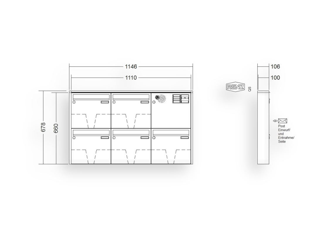 RENZ Briefkastenanlage Aufputz · 5-teilig Installationskasten rechts 370 × 330 × 100 mm QUADRA lackiert RENZ Briefkastenanlage Aufputz · 5-teilig Installationskasten rechts 370 × 330 × 100 mm QUADRA lackiert