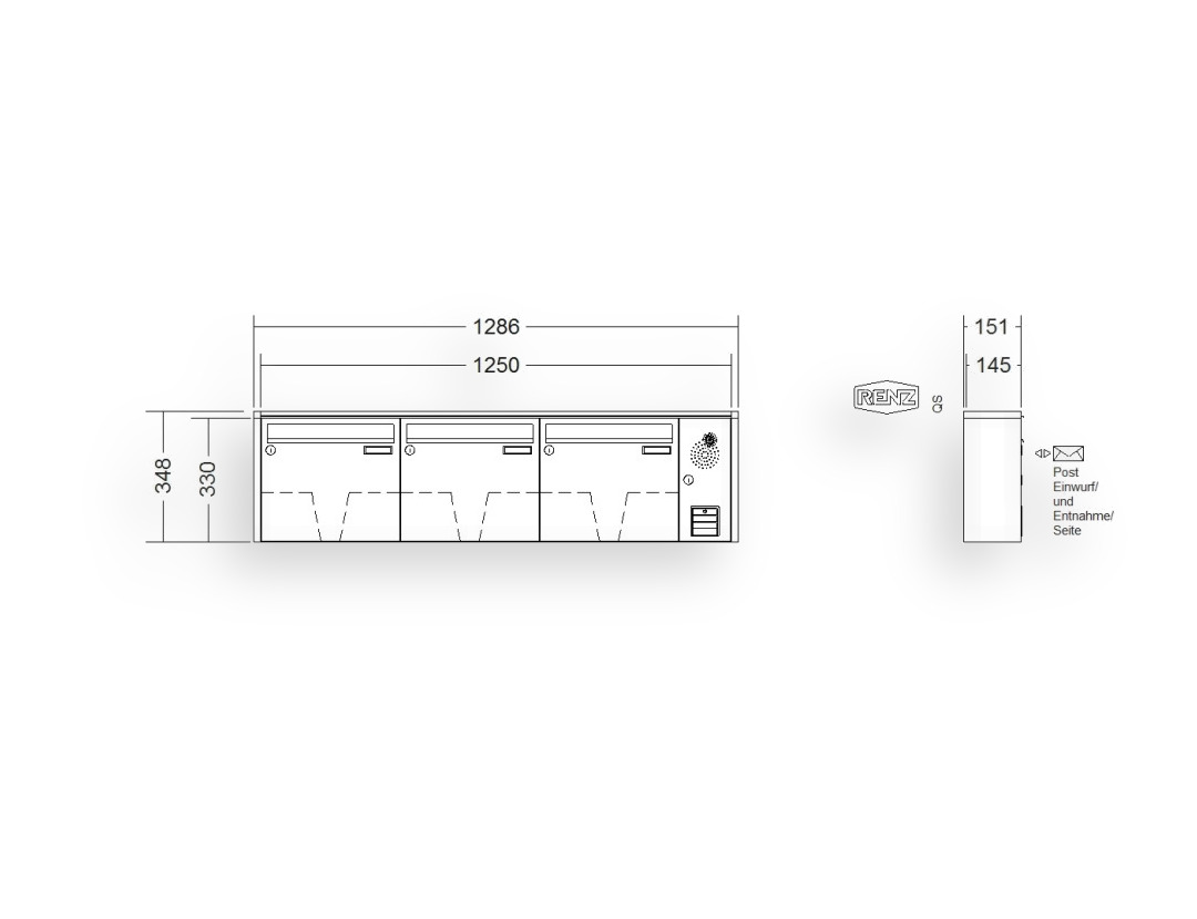 RENZ Briefkastenanlage Aufputz · 3-teilig Installationskasten rechts 370 × 330 × 145 mm QUADRA lackiert RENZ Briefkastenanlage Aufputz · 3-teilig Installationskasten rechts 370 × 330 × 145 mm QUADRA lackiert