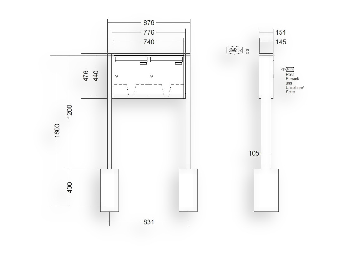 RENZ Briefkastenanlage freistehend · 2-teilig 370 × 440 × 145 mm QUADRA lackiert RENZ Briefkastenanlage freistehend · 2-teilig 370 × 440 × 145 mm QUADRA lackiert