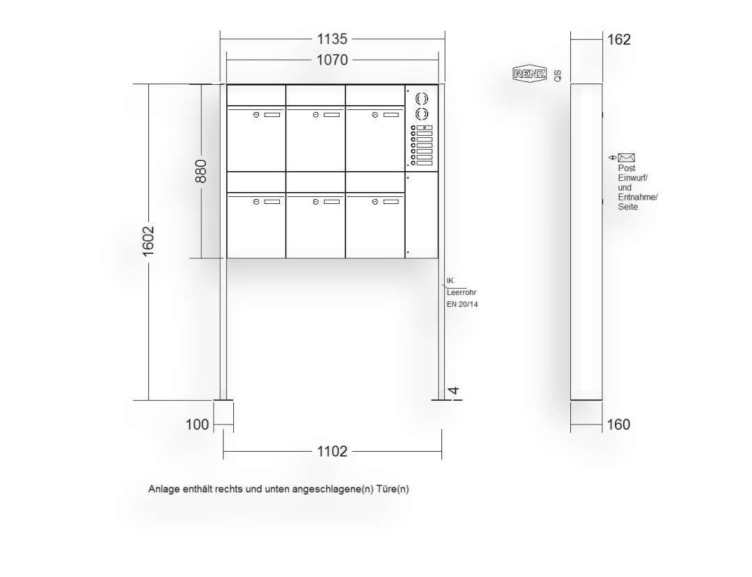 RENZ Briefkastenanlage freistehend · 6-teilig RENZ PLAN 300 × 440 × 160 mm FS Installationskasten rechts lackiert mit RENZ Briefkastenanlage freistehend · 6-teilig RENZ PLAN 300 × 440 × 160 mm FS Installationskasten rechts lackiert