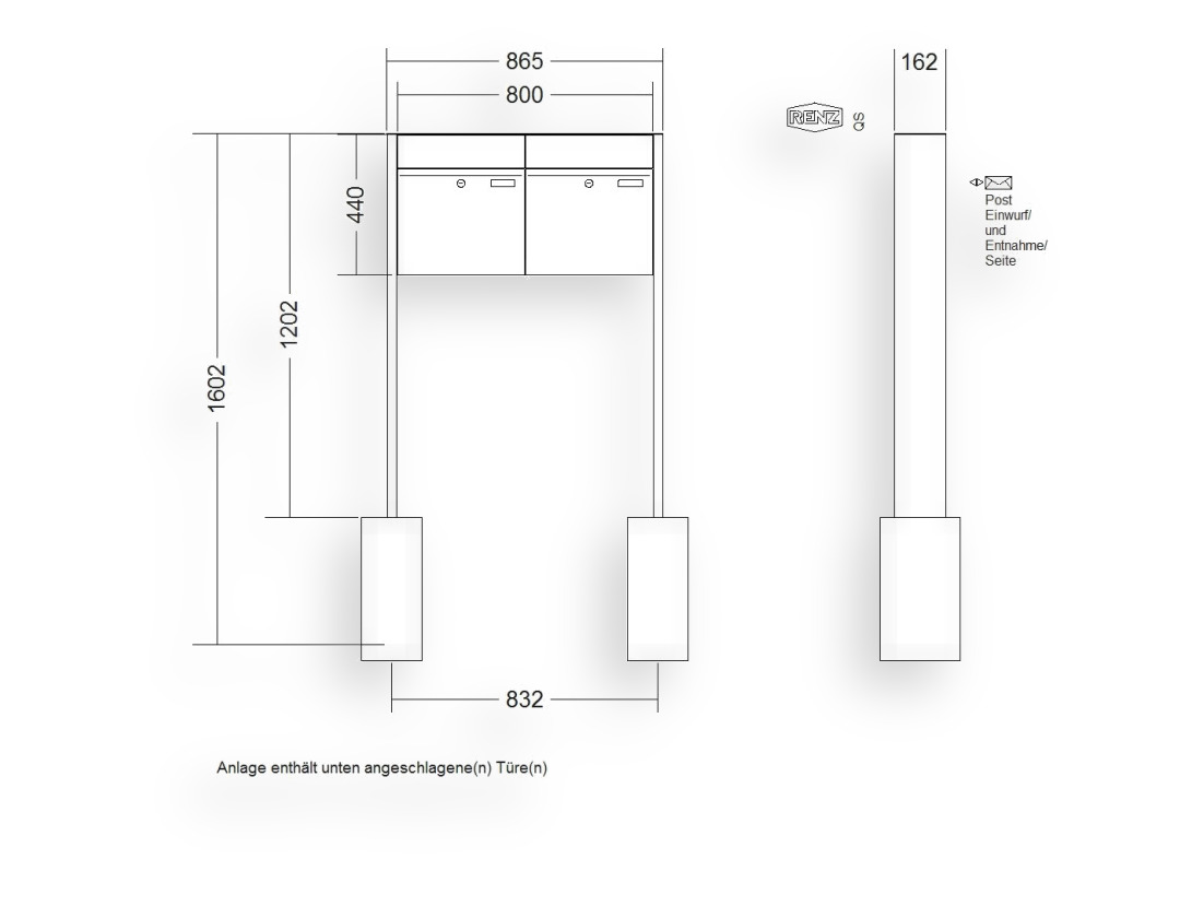 RENZ Briefkastenanlage freistehend · 2-teilig RENZ PLAN 400 × 440 × 160 mm FS Edelstahl