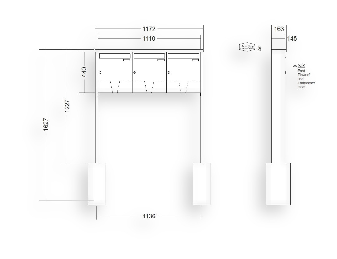 RENZ Briefkastenanlage freistehend · 3-teilig 370 × 440 × 145 mm Tetro lackiert RENZ Briefkastenanlage freistehend · 3-teilig 370 × 440 × 145 mm Tetro lackiert