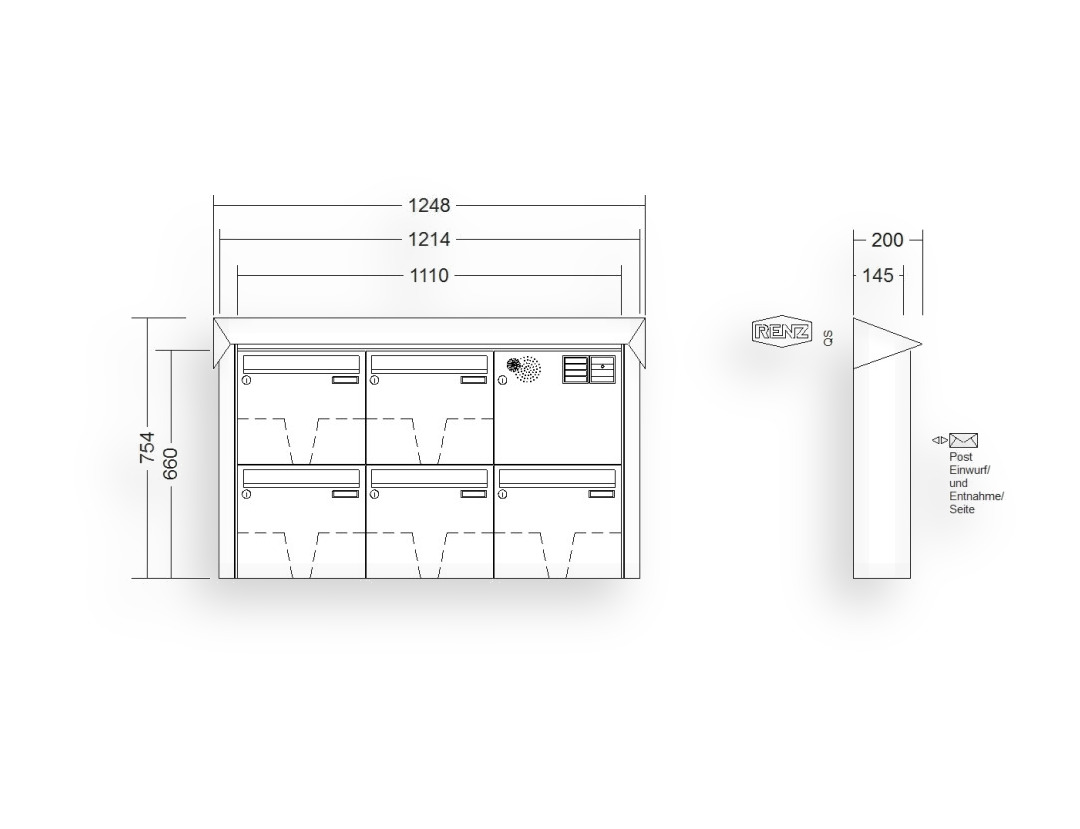 RENZ Briefkastenanlage Aufputz · 5-teilig Installationskasten rechts 370 × 330 × 145 mm Prisma lackiert RENZ Briefkastenanlage Aufputz · 5-teilig Installationskasten rechts 370 × 330 × 145 mm Prisma lackiert