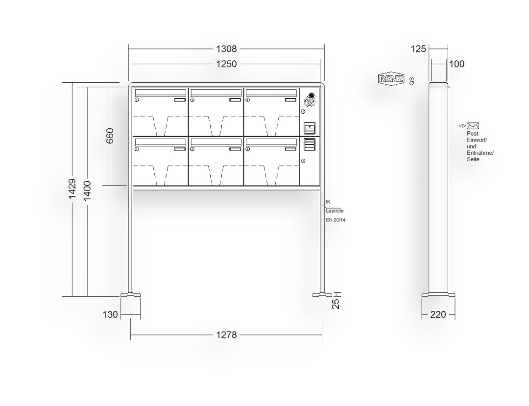 RENZ Briefkastenanlage freistehend · 6-teilig Installationskasten rechts 370 × 330 × 100 mm RS 2000 lackiert mit Fuß RENZ Briefkastenanlage freistehend · 6-teilig Installationskasten rechts 370 × 330 × 100 mm RS 2000 lackiert mit F