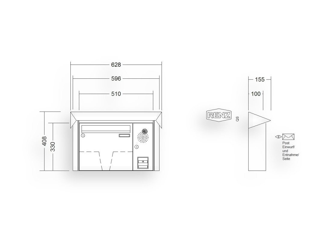 RENZ Briefkastenanlage Aufputz · 1-teilig Installationskasten rechts 370 × 330 × 100 mm Prisma lackiert RENZ Briefkastenanlage Aufputz · 1-teilig Installationskasten rechts 370 × 330 × 100 mm Prisma lackiert