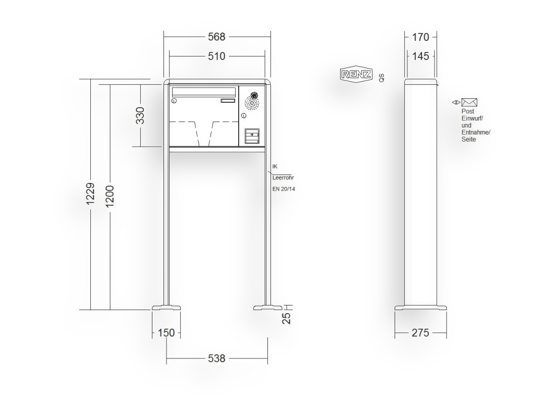 RENZ Briefkastenanlage freistehend · 1-teilig Installationskasten rechts 370 × 330 × 145 mm RS 2000 lackiert mit Fuß RENZ Briefkastenanlage freistehend · 1-teilig Installationskasten rechts 370 × 330 × 145 mm RS 2000 lackiert mit F