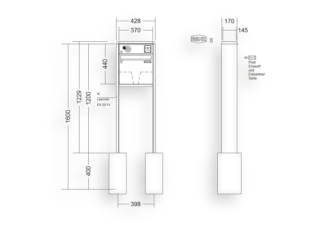 RENZ Briefkastenanlage freistehend · 1-teilig Installationskasten oben 370 × 330 × 145 mm RS 2000 lackiert RENZ Briefkastenanlage freistehend · 1-teilig Installationskasten oben 370 × 330 × 145 mm RS 2000 lackiert