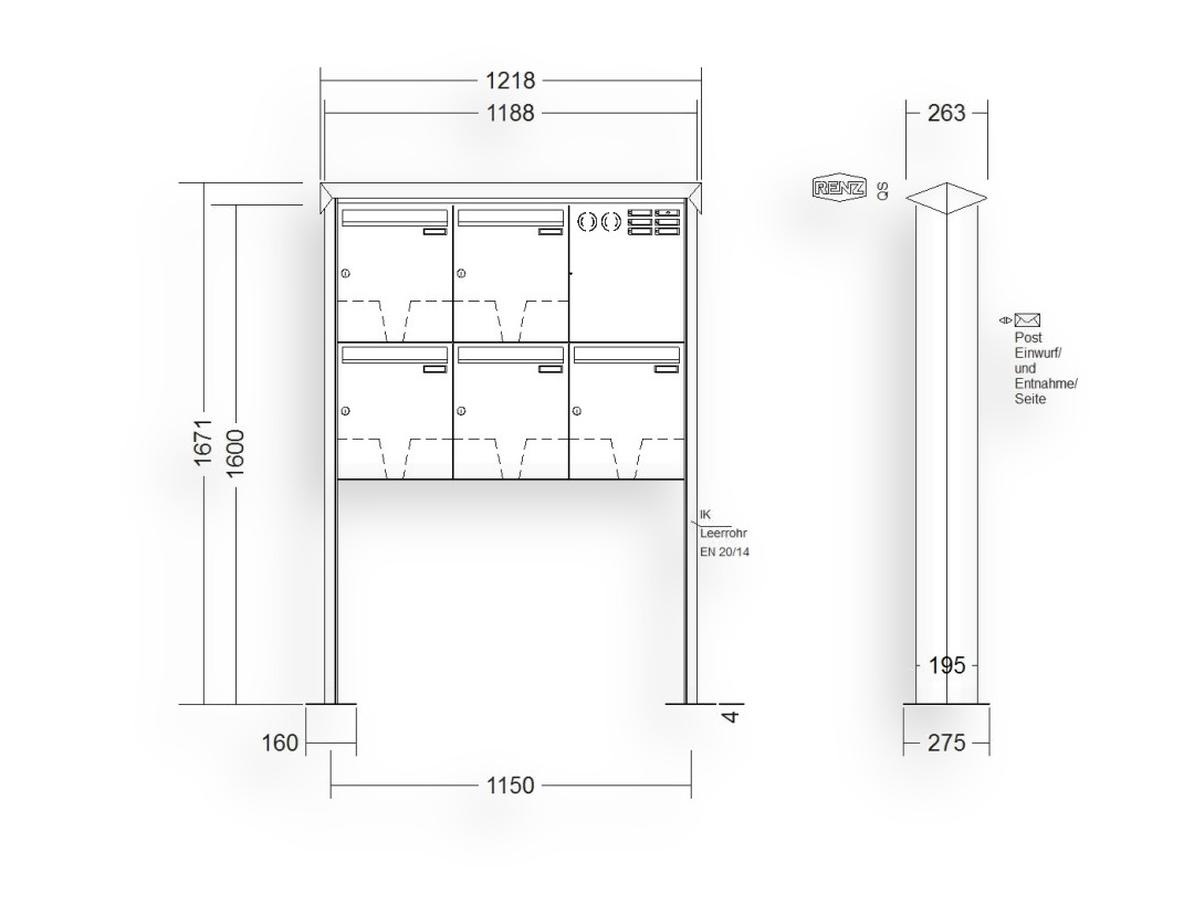 RENZ Briefkastenanlage freistehend · 5-teilig Installationskasten rechts 370 × 440 × 145 mm Edelstahl Prisma mit Fußplat RENZ Briefkastenanlage freistehend · 5-teilig Installationskasten rechts 370 × 440 × 145 mm Edelstahl Prisma mit F